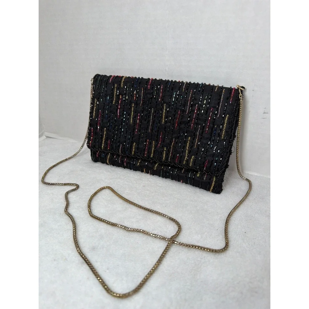 VTG 80s La Regale Beaded Evening Clutch Womens Small Black Multi Color Satin Bag